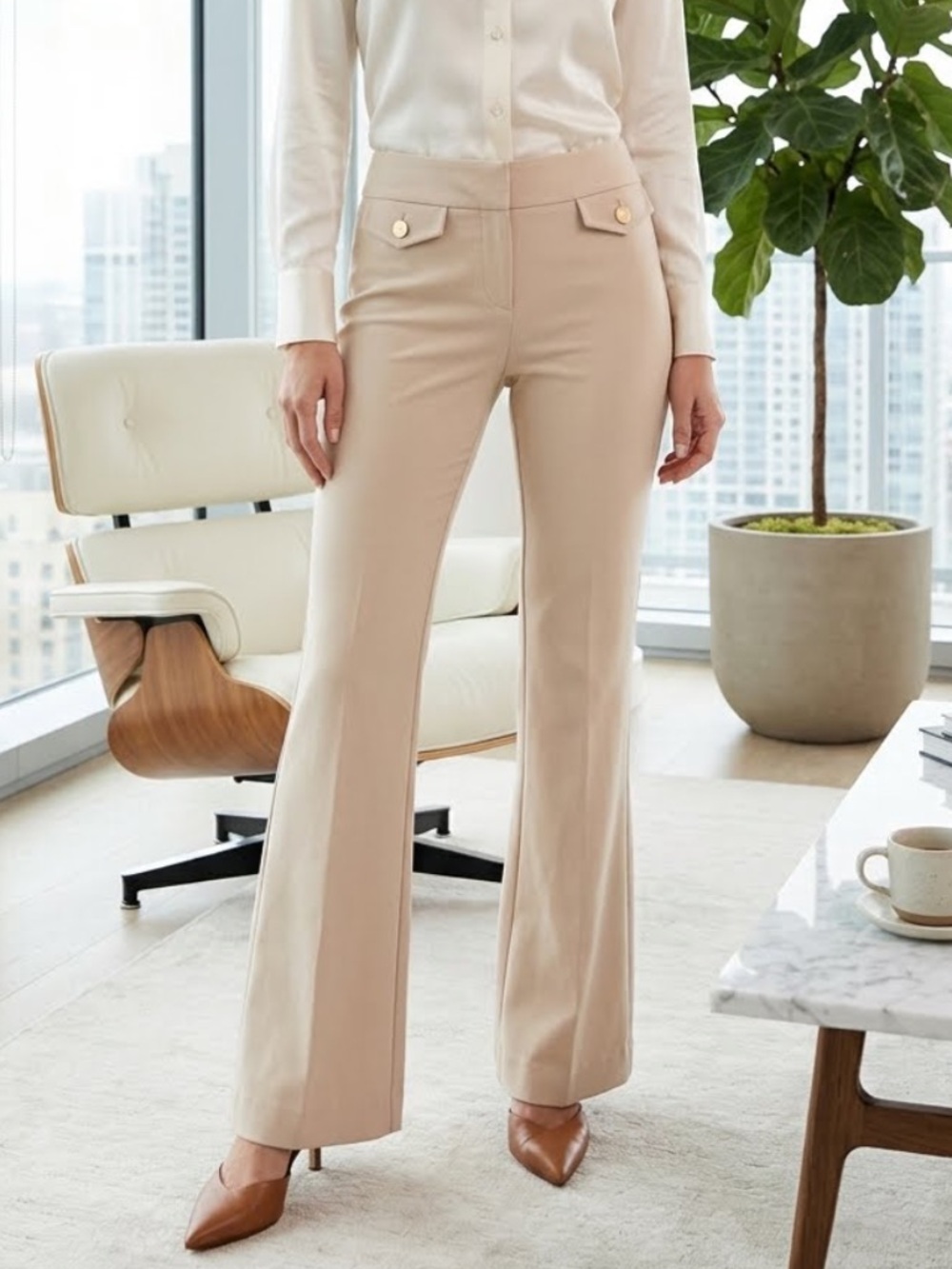 le chateau Tailored Low-Waist Wide-Leg Trousers in Beige